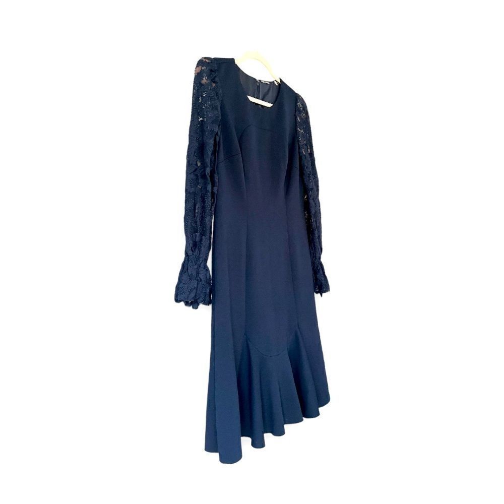 ELIE TAHARI | Navy Lace Sleeved Midi Cocktail Dress (6)